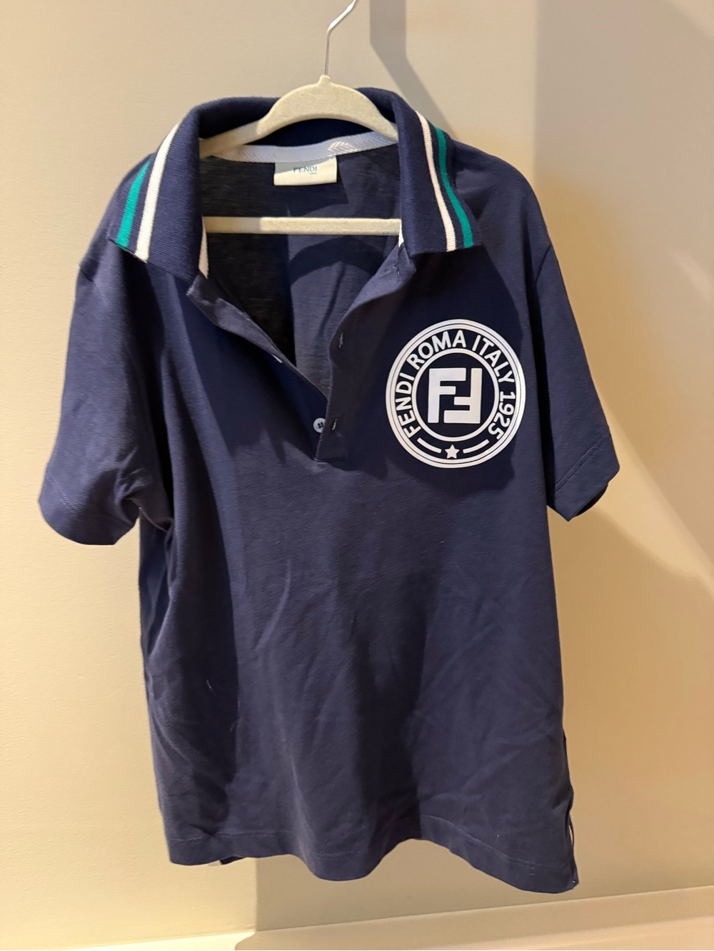 Fendi Kids Navy Polo with White Logo and Striped Collar